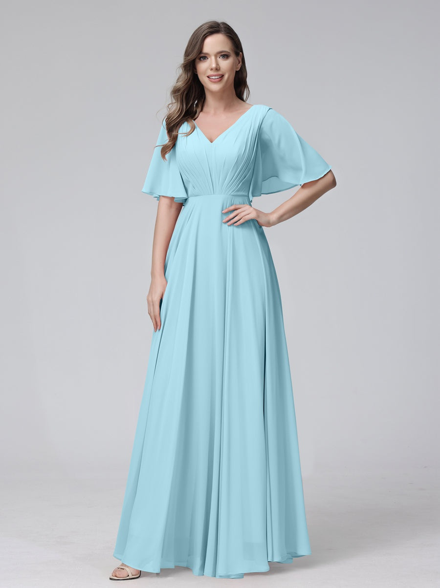 A-Line/Princess V-Neck Half Sleeves Floor-Length Bridemaid Dresses With Ruffles & Pockets