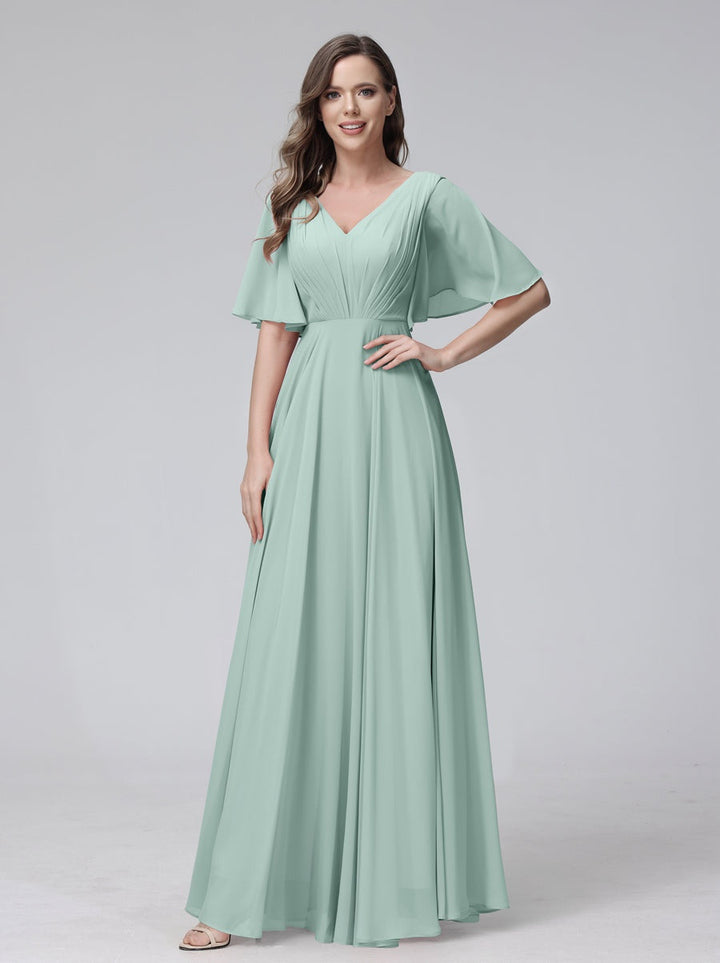 A-Line/Princess V-Neck Half Sleeves Floor-Length Bridemaid Dresses With Ruffles & Pockets