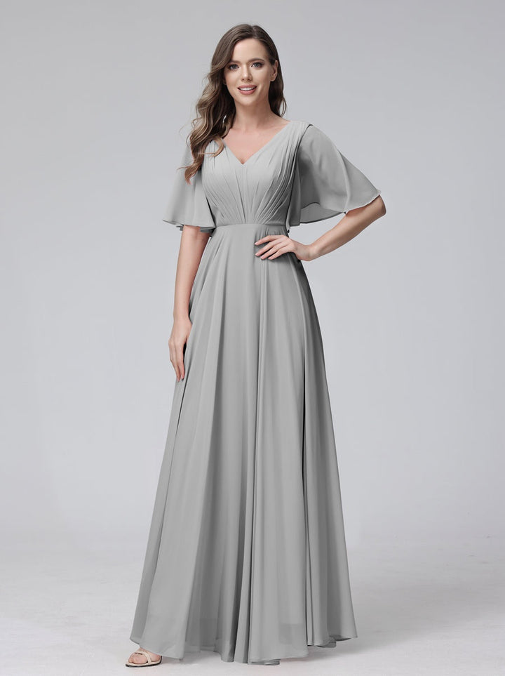 A-Line/Princess V-Neck Half Sleeves Floor-Length Bridemaid Dresses With Ruffles & Pockets