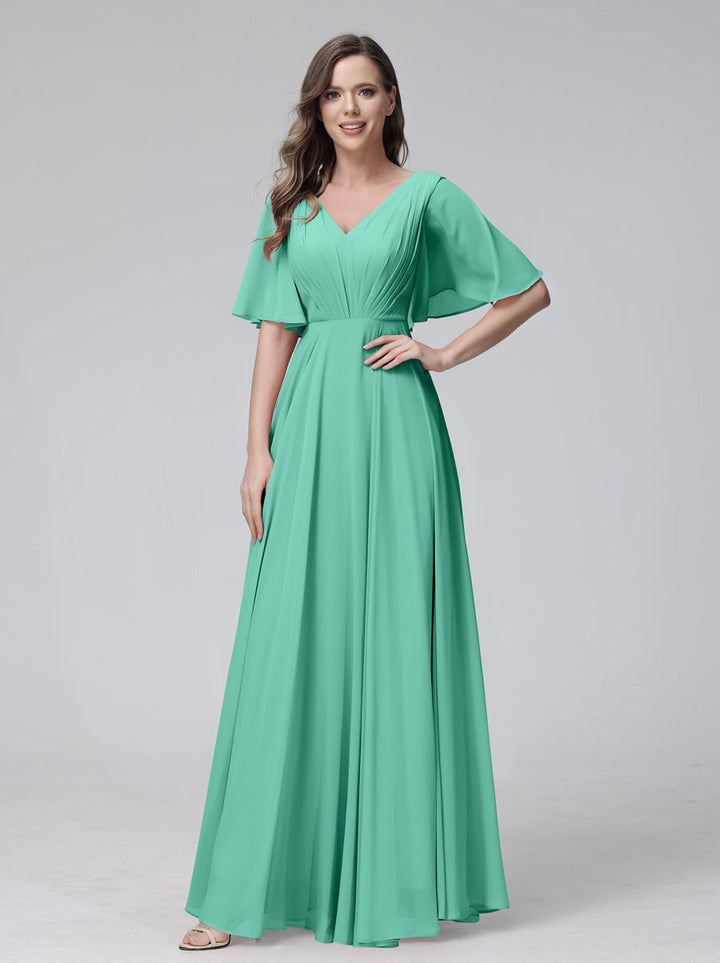 A-Line/Princess V-Neck Half Sleeves Floor-Length Bridemaid Dresses With Ruffles & Pockets