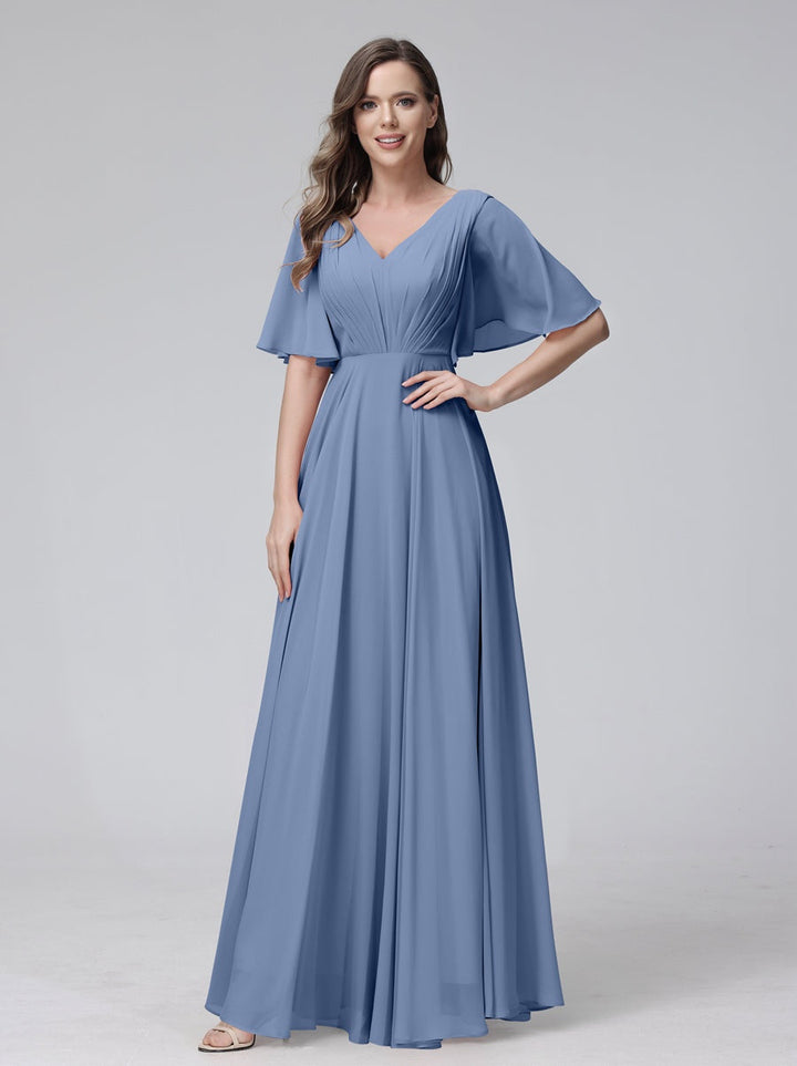 A-Line/Princess V-Neck Half Sleeves Floor-Length Bridemaid Dresses With Ruffles & Pockets