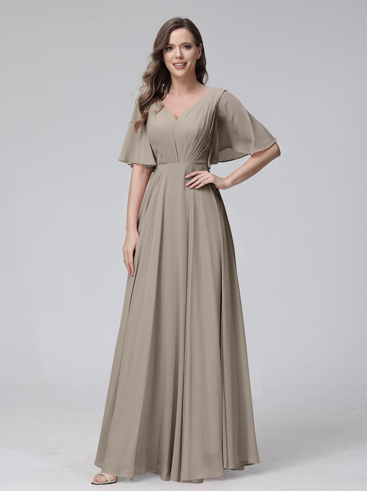 A-Line/Princess V-Neck Half Sleeves Floor-Length Bridemaid Dresses With Ruffles & Pockets