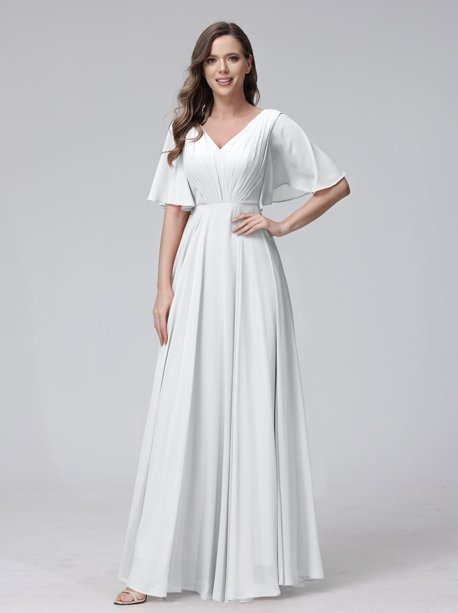 A-Line/Princess V-Neck Half Sleeves Floor-Length Bridemaid Dresses With Ruffles & Pockets