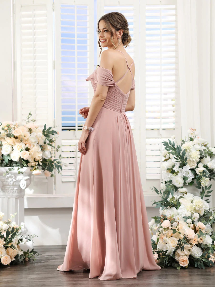 A-Line/Princess V-Neck Spaghetti Straps Floor-Length Chiffon Bridesmaid Dresses with Split Side