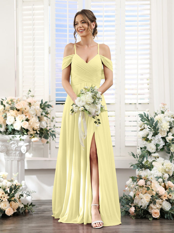 A-Line/Princess V-Neck Spaghetti Straps Floor-Length Chiffon Bridesmaid Dresses with Split Side