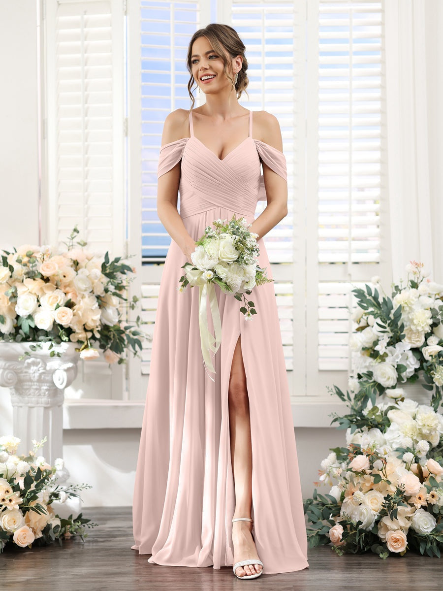 A-Line/Princess V-Neck Spaghetti Straps Floor-Length Chiffon Bridesmaid Dresses with Split Side