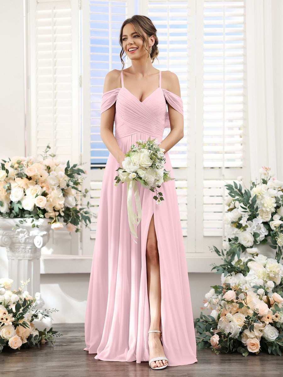 A-Line/Princess V-Neck Spaghetti Straps Floor-Length Chiffon Bridesmaid Dresses with Split Side