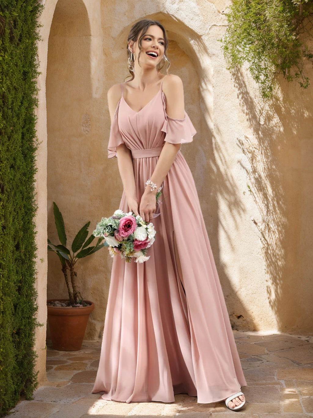 Pink Sequin Bodice Bridesmaid Dress With Chiffon Skirt A-Line