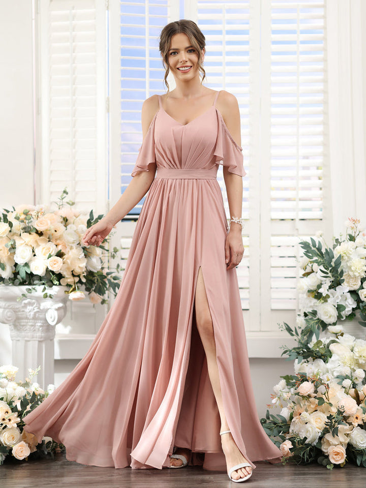 A-Line/Princess Spaghetti Straps Floor-Length Chiffon Bridesmaid Dresses with Split Side & Ruched