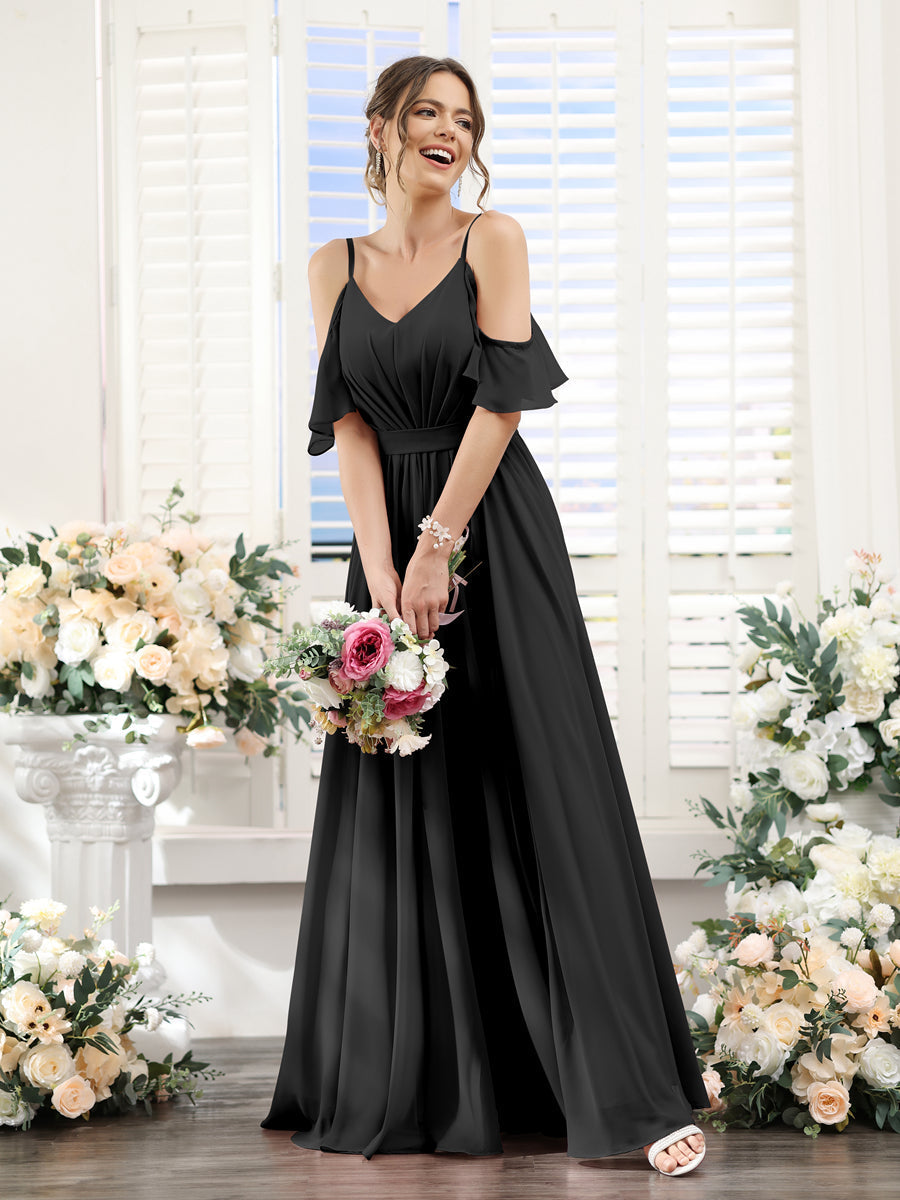 A-Line/Princess Spaghetti Straps Floor-Length Chiffon Bridesmaid Dresses with Split Side & Ruched Black