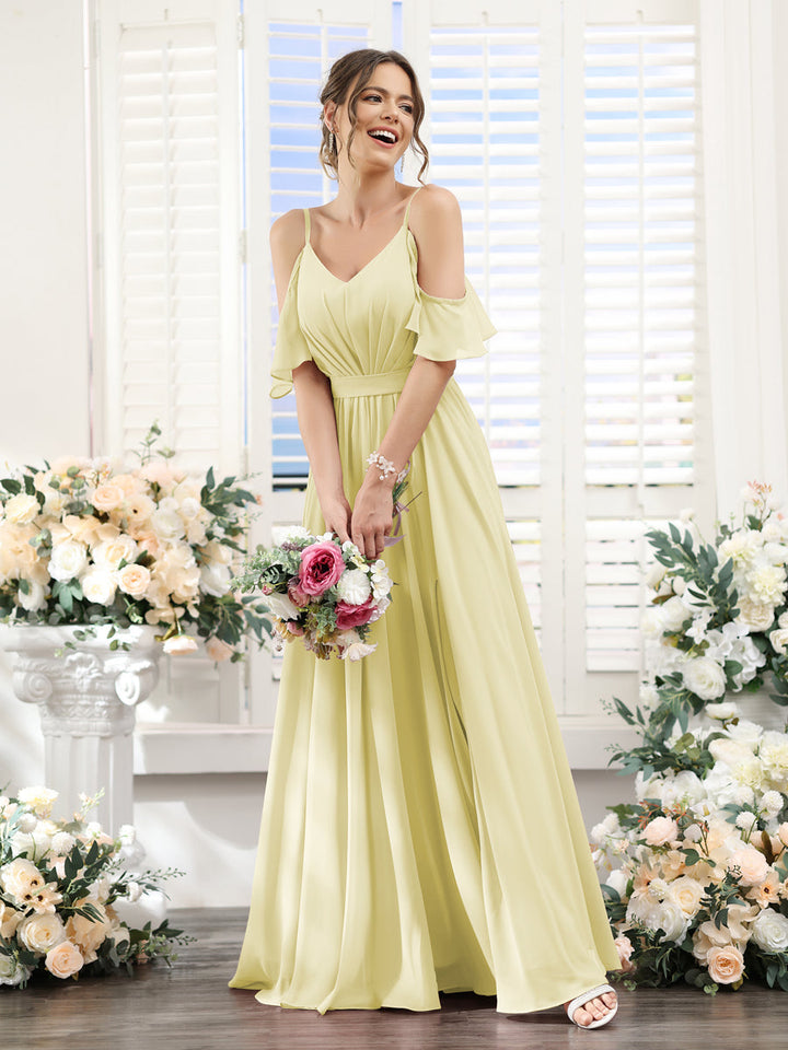 A-Line/Princess Spaghetti Straps Floor-Length Chiffon Bridesmaid Dresses with Split Side & Ruched