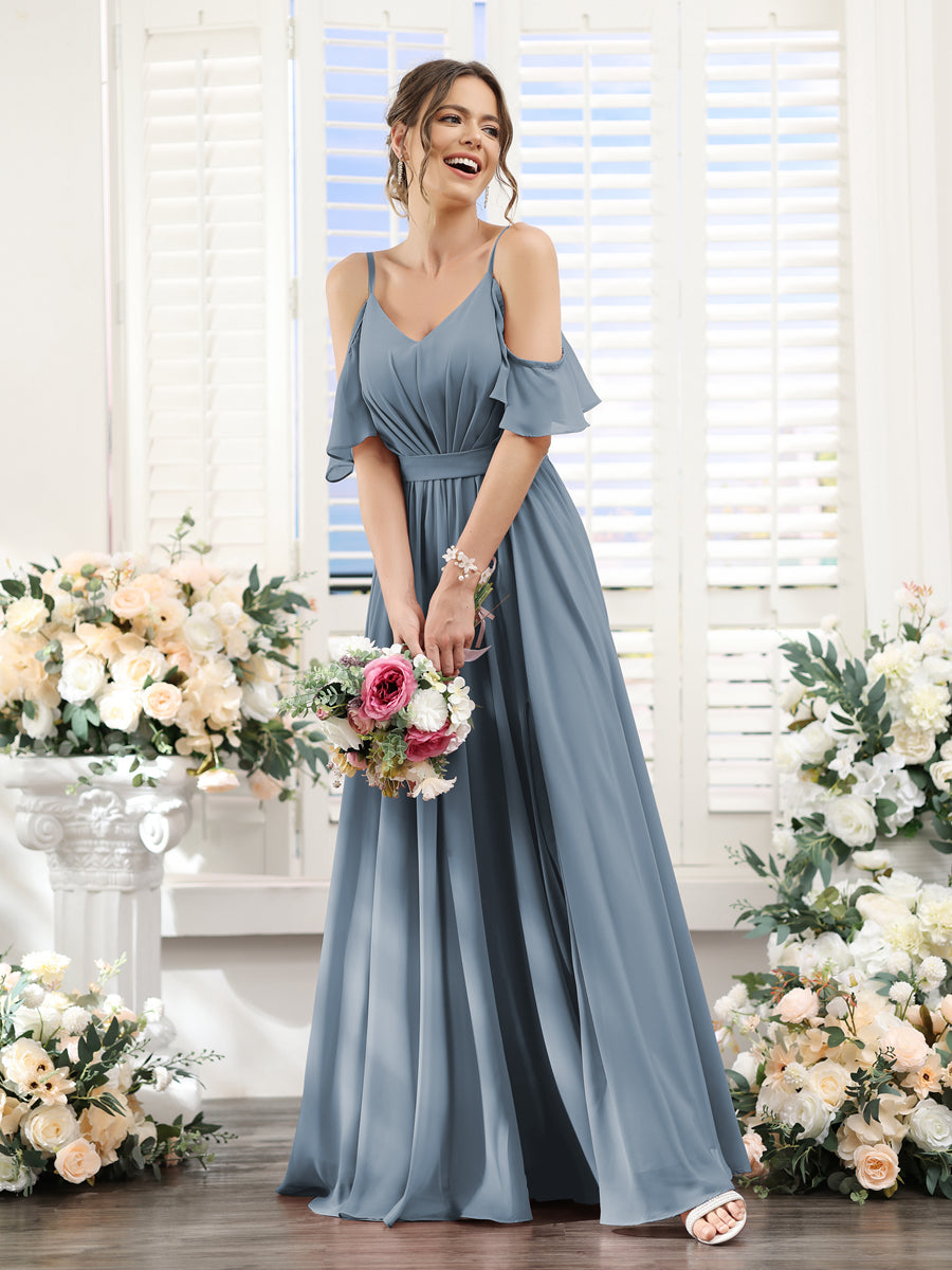 A-Line/Princess Spaghetti Straps Floor-Length Chiffon Bridesmaid Dresses with Split Side & Ruched