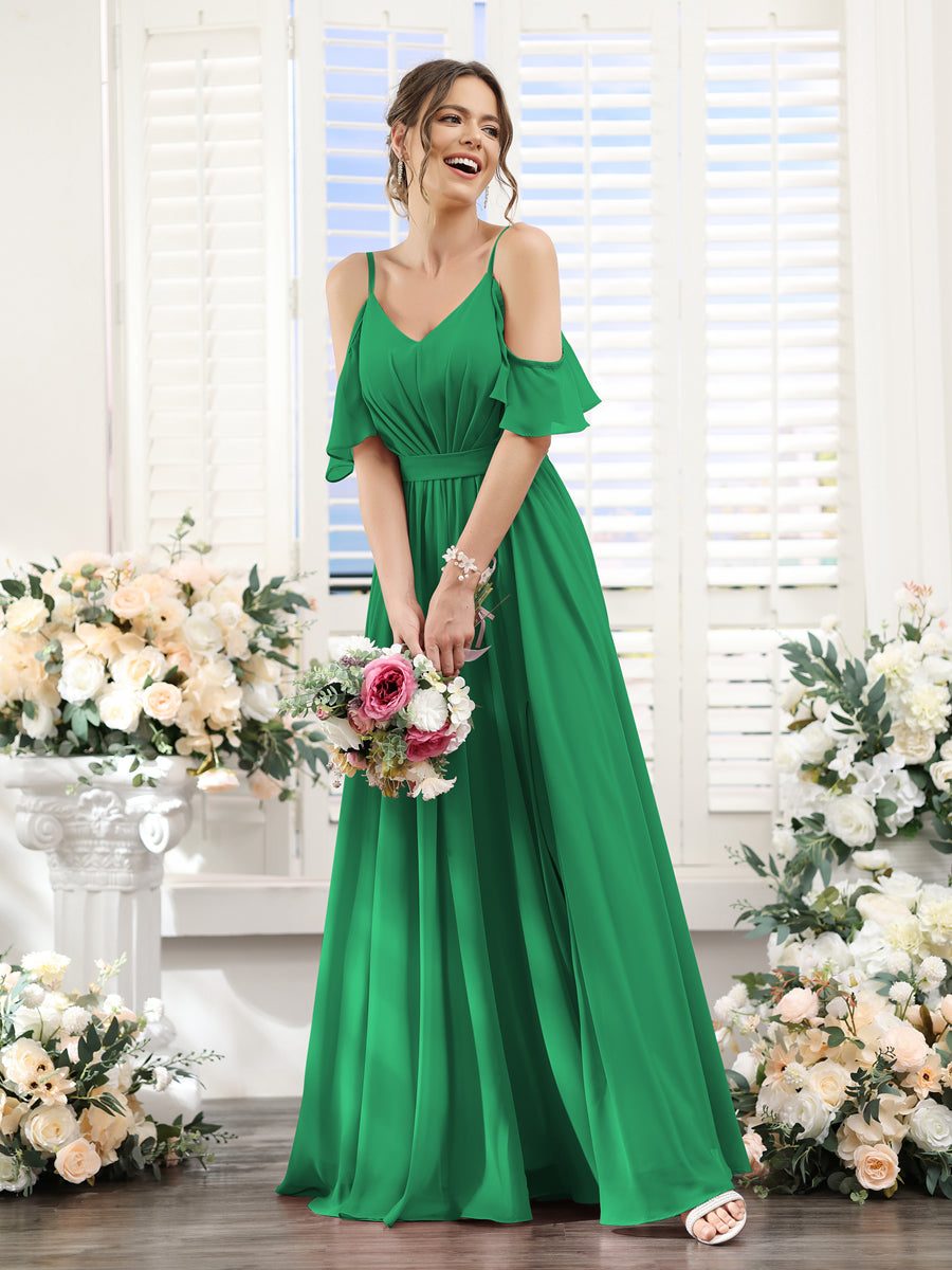A-Line/Princess Spaghetti Straps Floor-Length Chiffon Bridesmaid Dresses with Split Side & Ruched Green