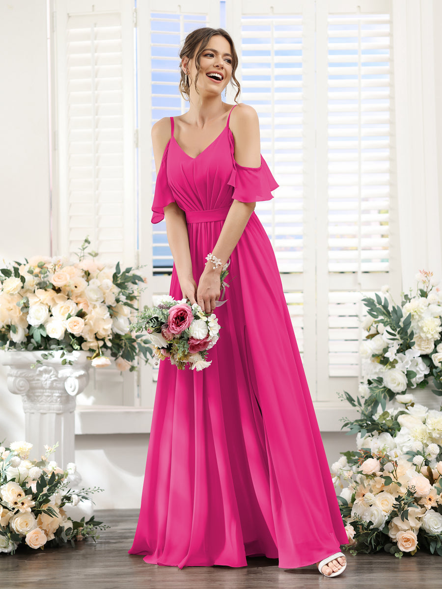 A-Line/Princess Spaghetti Straps Floor-Length Chiffon Bridesmaid Dresses with Split Side & Ruched Hot Pink A-Line/Princess Spaghetti Straps Floor-Length Chiffon Bridesmaid Dresses with Split Side & Ruched Hot Pink