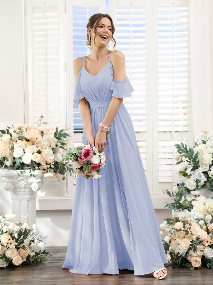 A-Line/Princess Spaghetti Straps Floor-Length Chiffon Bridesmaid Dresses with Split Side & Ruched