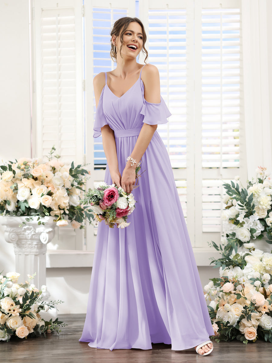 A-Line/Princess Spaghetti Straps Floor-Length Chiffon Bridesmaid Dresses with Split Side & Ruched Lilac A-Line/Princess Spaghetti Straps Floor-Length Chiffon Bridesmaid Dresses with Split Side & Ruched Lilac