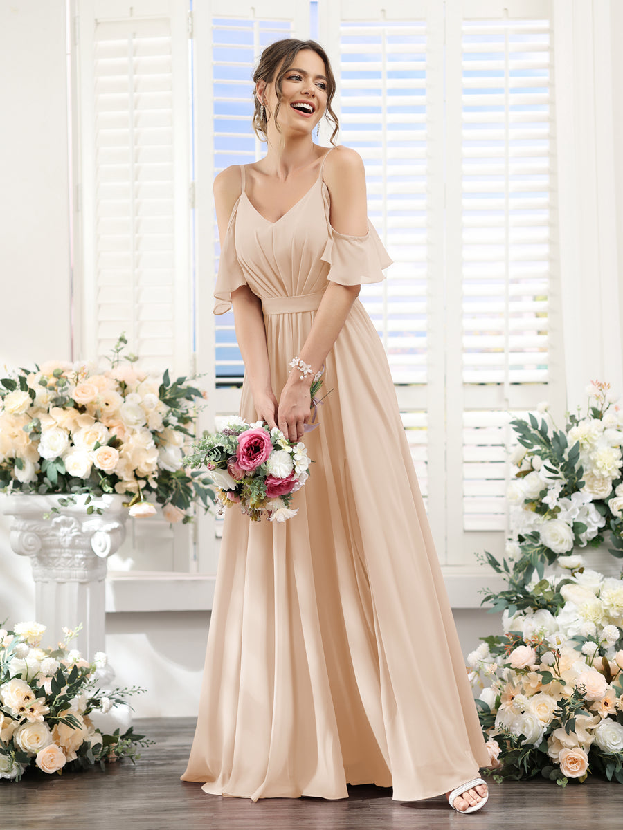 A-Line/Princess Spaghetti Straps Floor-Length Chiffon Bridesmaid Dresses with Split Side & Ruched