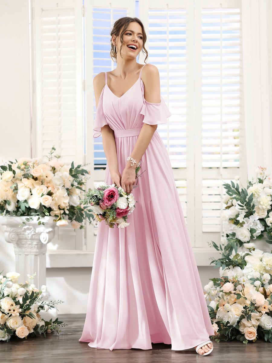A-Line/Princess Spaghetti Straps Floor-Length Chiffon Bridesmaid Dresses with Split Side & Ruched Pink
