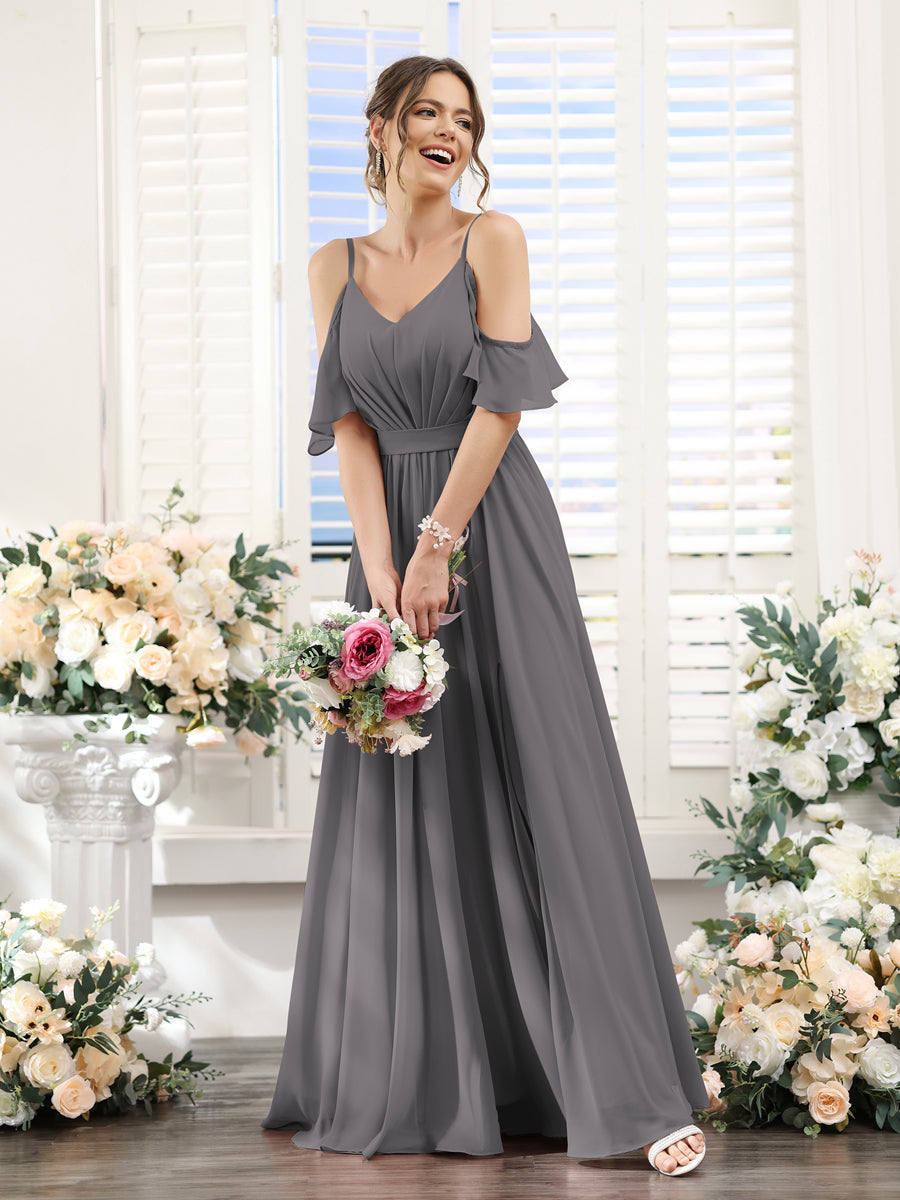 A-Line/Princess Spaghetti Straps Floor-Length Chiffon Bridesmaid Dresses with Split Side & Ruched