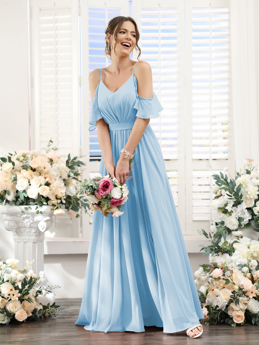 A-Line/Princess Spaghetti Straps Floor-Length Chiffon Bridesmaid Dresses with Split Side & Ruched