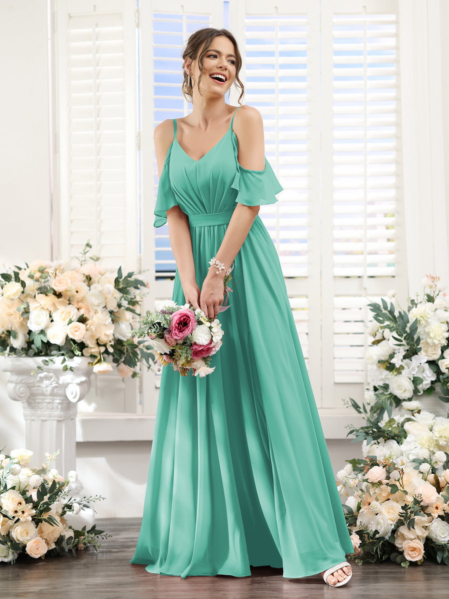 A-Line/Princess Spaghetti Straps Floor-Length Chiffon Bridesmaid Dress - Mondressy A-Line/Princess Spaghetti Straps Floor-Length Chiffon Bridesmaid Dress - Mondressy