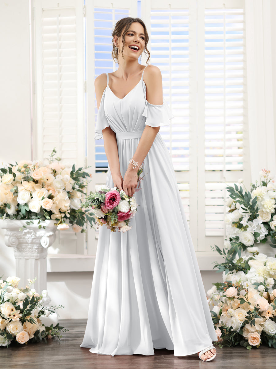 A-Line/Princess Spaghetti Straps Floor-Length Chiffon Bridesmaid Dresses with Split Side & Ruched