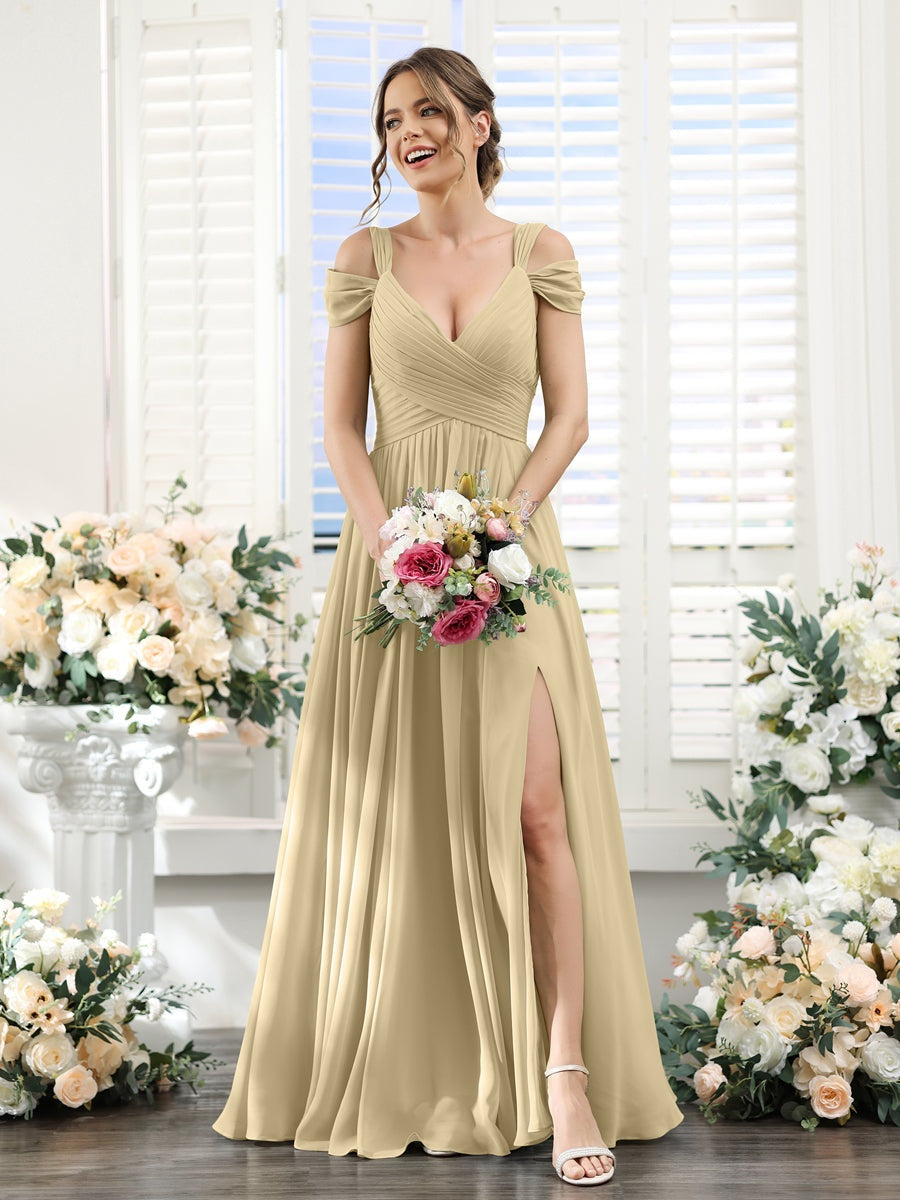 champagne chiffon bridesmaid dresses A-Line/Princess V-Neck Floor-Length Chiffon Bridesmaid Dresses with Split Side & Ruched Champagne