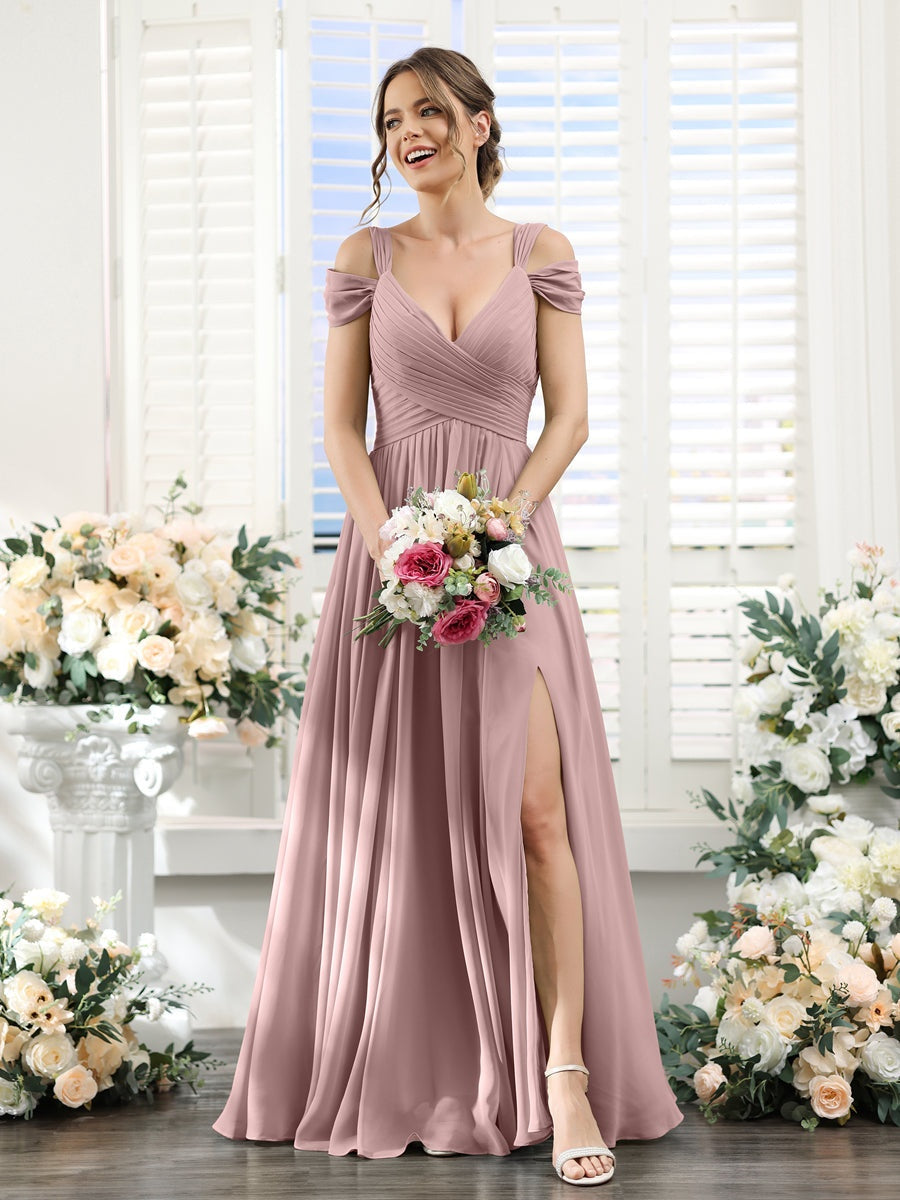 A-Line/Princess V-Neck Floor-Length Chiffon Bridesmaid Dresses with Split Side & Ruched Dusty Purple