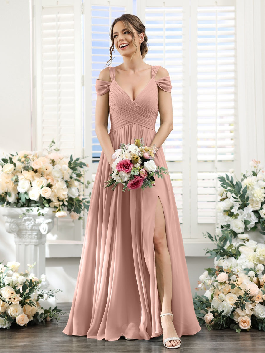 A-Line/Princess V-Neck Floor-Length Chiffon Bridesmaid Dresses with Split Side & Ruched Dusty Rose