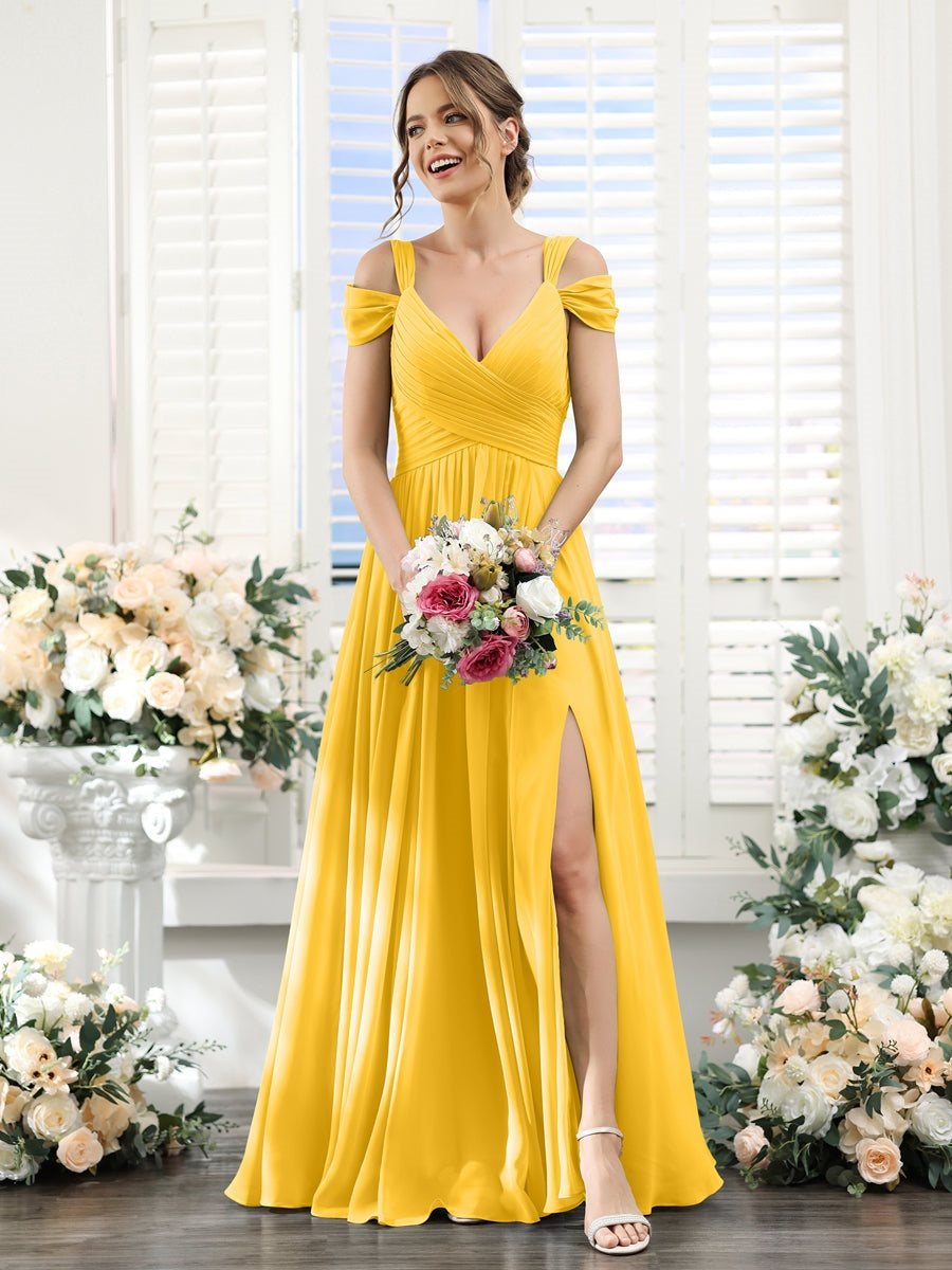 A-Line/Princess V-Neck Floor-Length Chiffon Bridesmaid Dresses with Sp - Mondressy A-Line/Princess V-Neck Floor-Length Chiffon Bridesmaid Dresses with Sp - Mondressy
