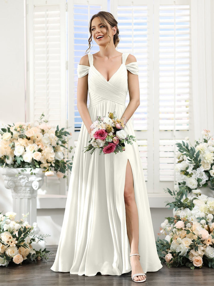 A-Line/Princess V-Neck Floor-Length Chiffon Bridesmaid Dresses with Split Side & Ruched