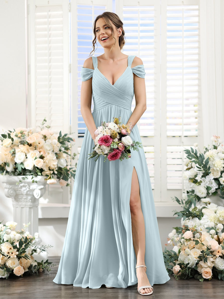 A-Line/Princess V-Neck Floor-Length Chiffon Bridesmaid Dresses with Sp - Mondressy A-Line/Princess V-Neck Floor-Length Chiffon Bridesmaid Dresses with Sp - Mondressy