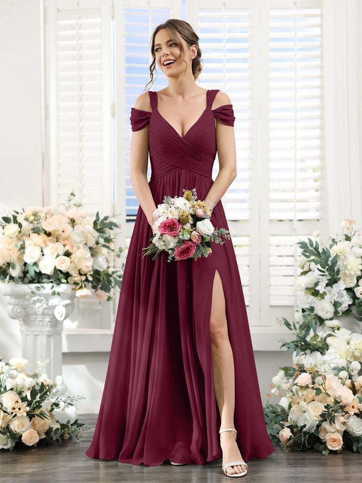 A-Line/Princess V-Neck Floor-Length Chiffon Bridesmaid Dresses with Split Side & Ruched