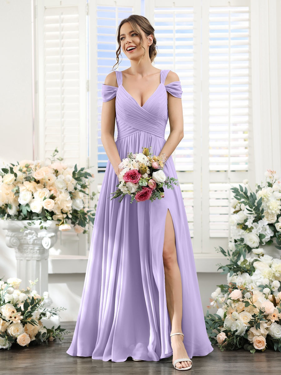 A-Line/Princess V-Neck Floor-Length Chiffon Bridesmaid Dresses with Split Side & Ruched Lilac