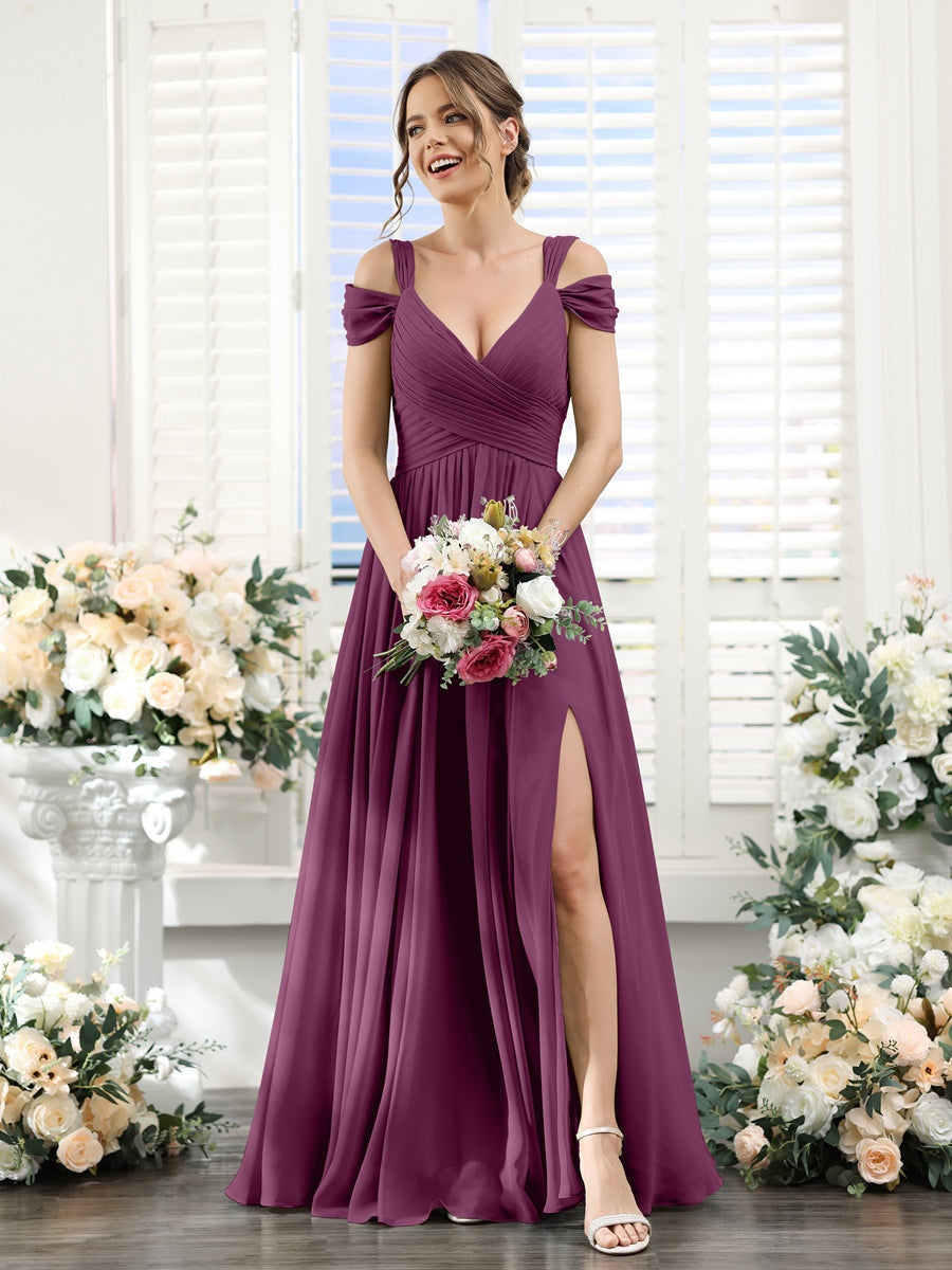 A-Line/Princess V-Neck Floor-Length Chiffon Bridesmaid Dresses with Split Side & Ruched