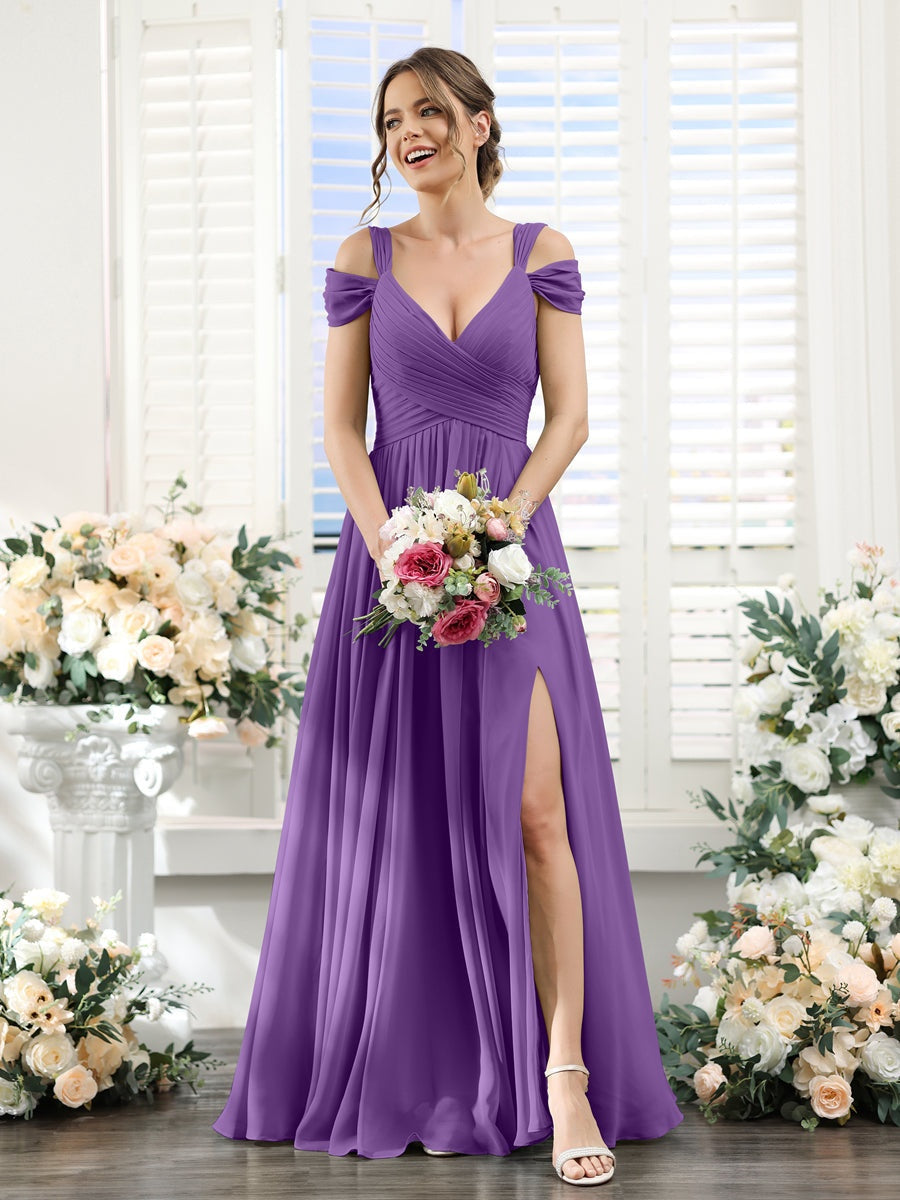 A-Line/Princess V-Neck Floor-Length Chiffon Bridesmaid Dresses with Split Side & Ruched