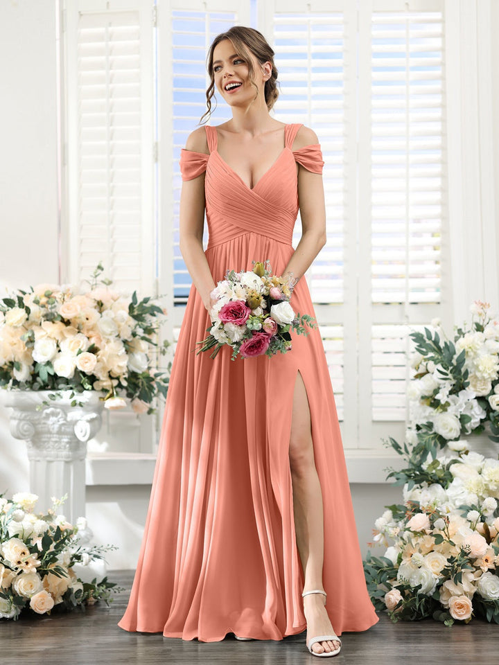 A-Line/Princess V-Neck Floor-Length Chiffon Bridesmaid Dresses with Split Side & Ruched