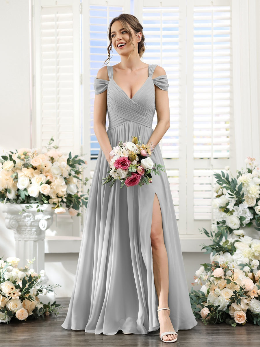 A-Line/Princess V-Neck Floor-Length Chiffon Bridesmaid Dresses with Split Side & Ruched