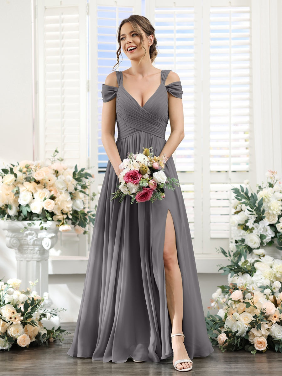 A-Line/Princess V-Neck Floor-Length Chiffon Bridesmaid Dresses with Split Side & Ruched