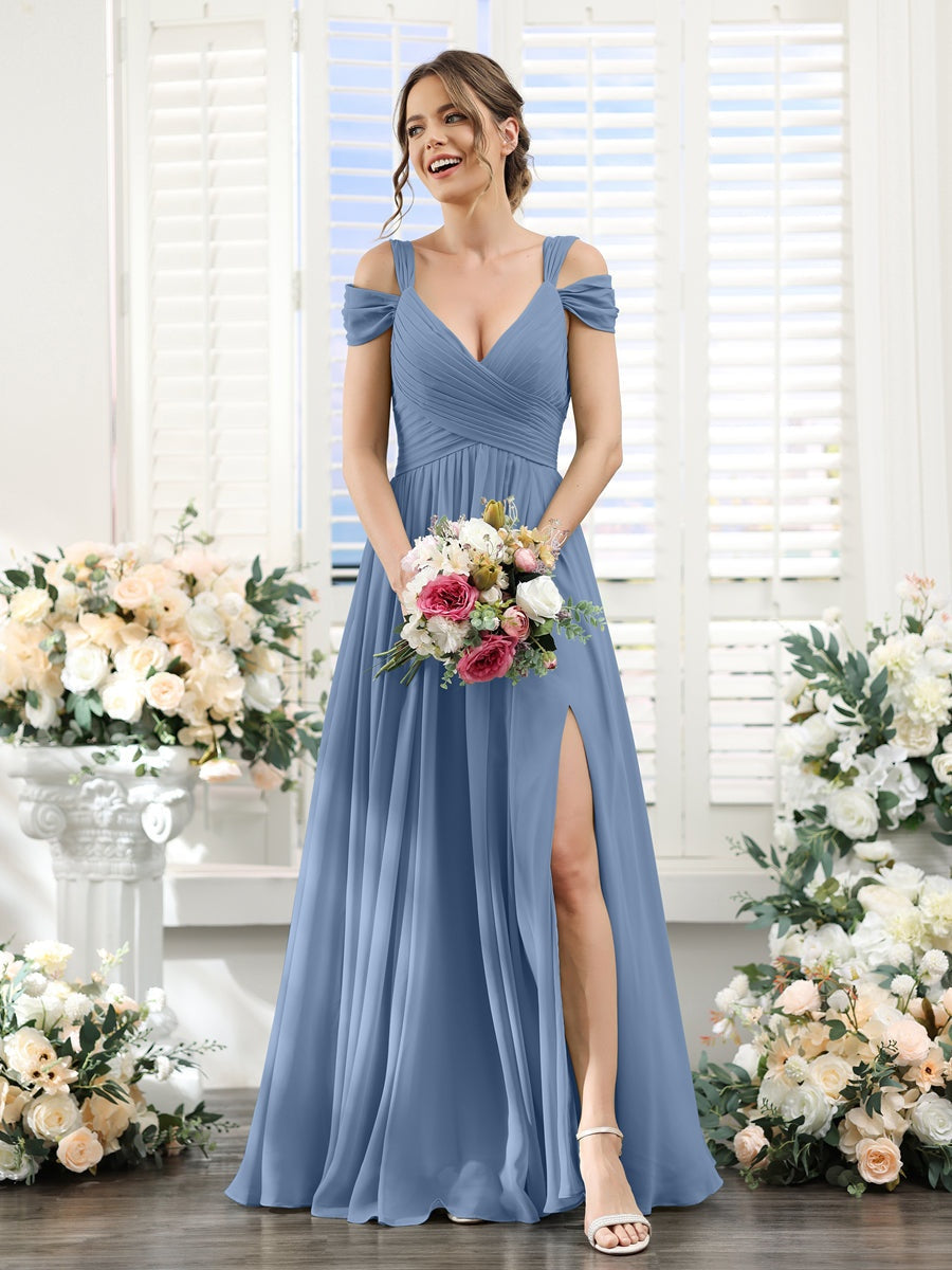 A-Line/Princess V-Neck Floor-Length Chiffon Bridesmaid Dresses with Split Side & Ruched