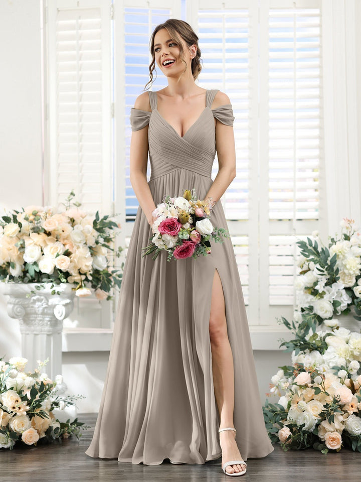 A-Line/Princess V-Neck Floor-Length Chiffon Bridesmaid Dresses with Split Side & Ruched