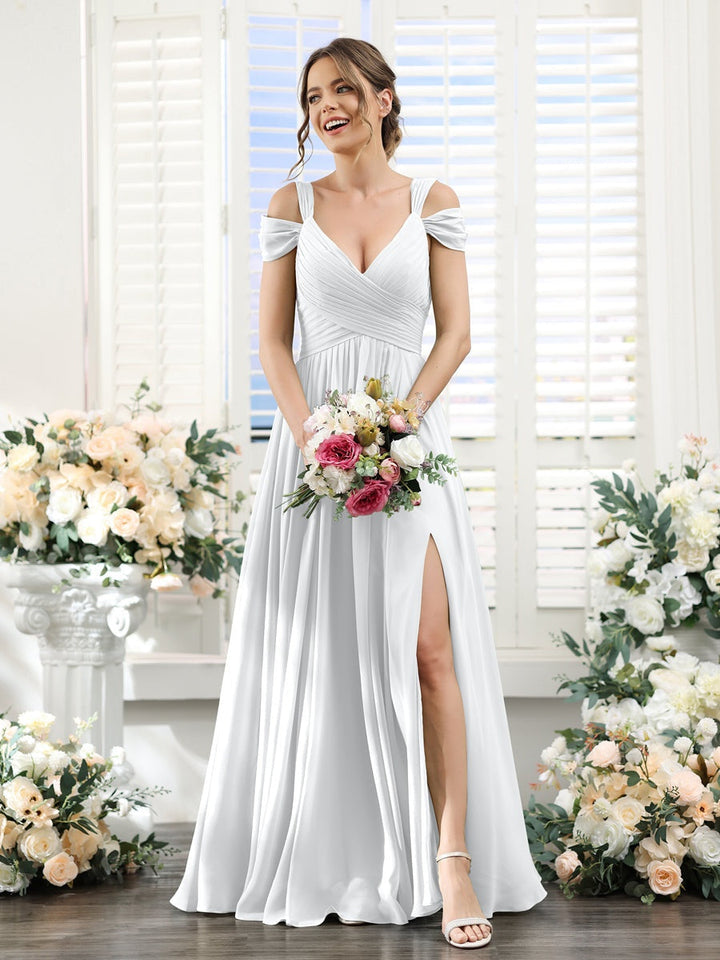 A-Line/Princess V-Neck Floor-Length Chiffon Bridesmaid Dresses with Split Side & Ruched