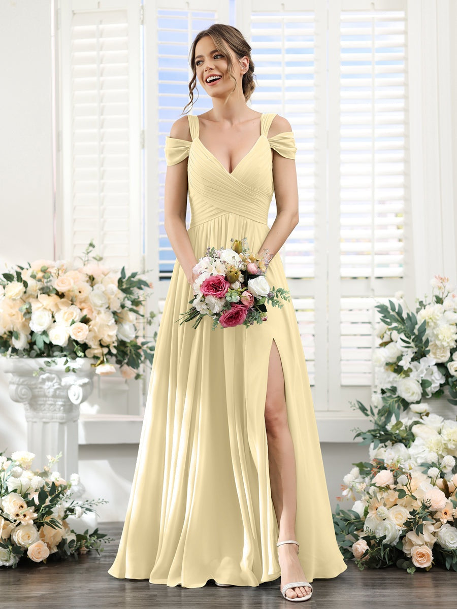 A-Line/Princess V-Neck Spaghetti Straps Floor-Length Chiffon Bridesmaid Dresses with Split Side Yellow A-Line/Princess V-Neck Spaghetti Straps Floor-Length Chiffon Bridesmaid Dresses with Split Side Yellow