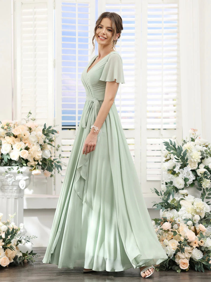 A-Line/Princess V-Neck Short Sleeves Floor-Length Chiffon Bridesmaid Dresses with Split Side & Ruched