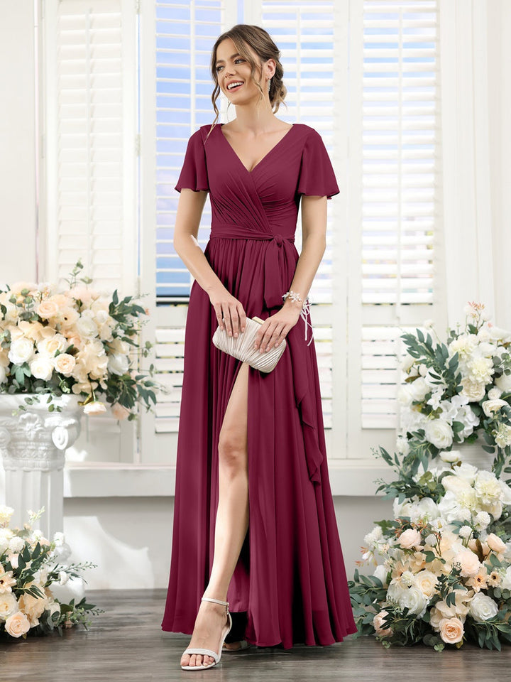 A-Line/Princess V-Neck Short Sleeves Floor-Length Chiffon Bridesmaid Dresses with Split Side & Ruched