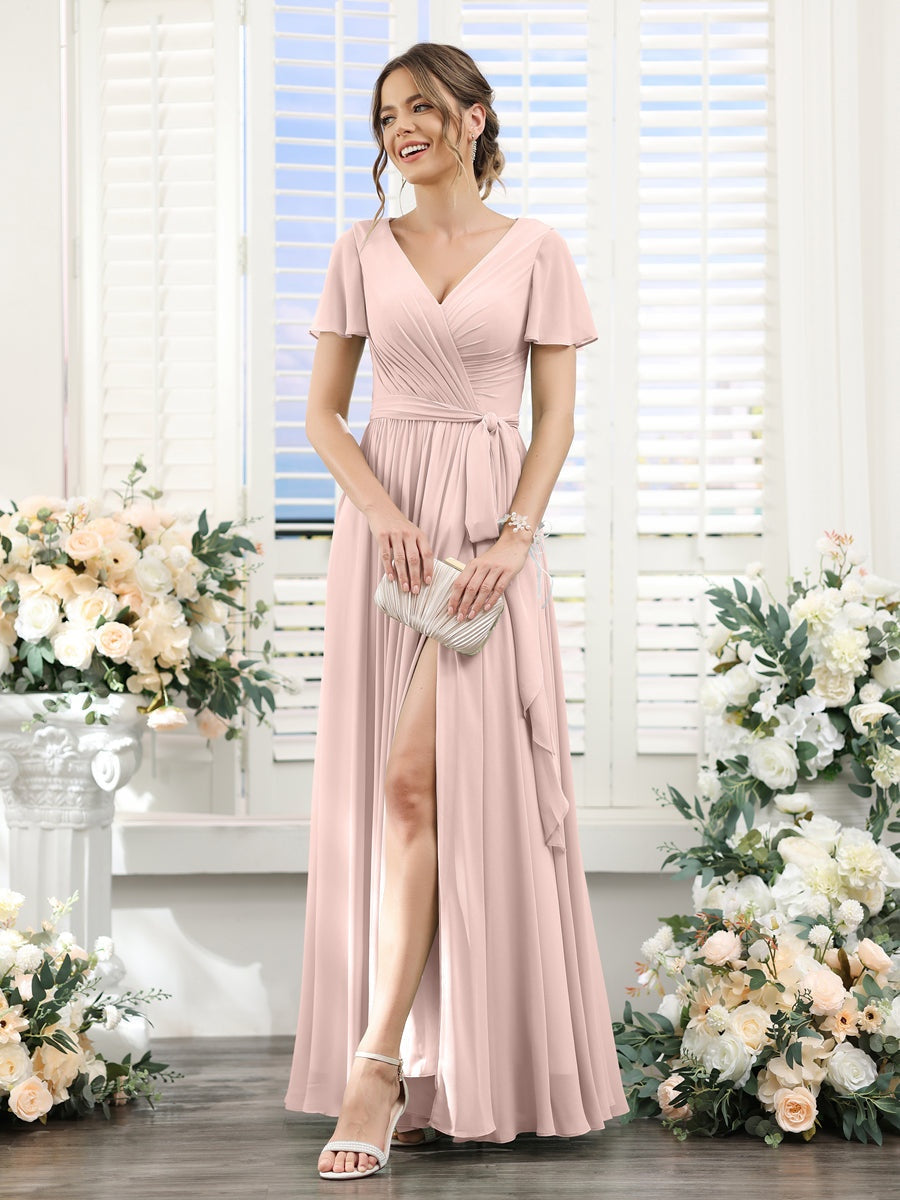 A-Line/Princess V-Neck Short Sleeves Floor-Length Chiffon Bridesmaid Dresses with Split Side & Ruched