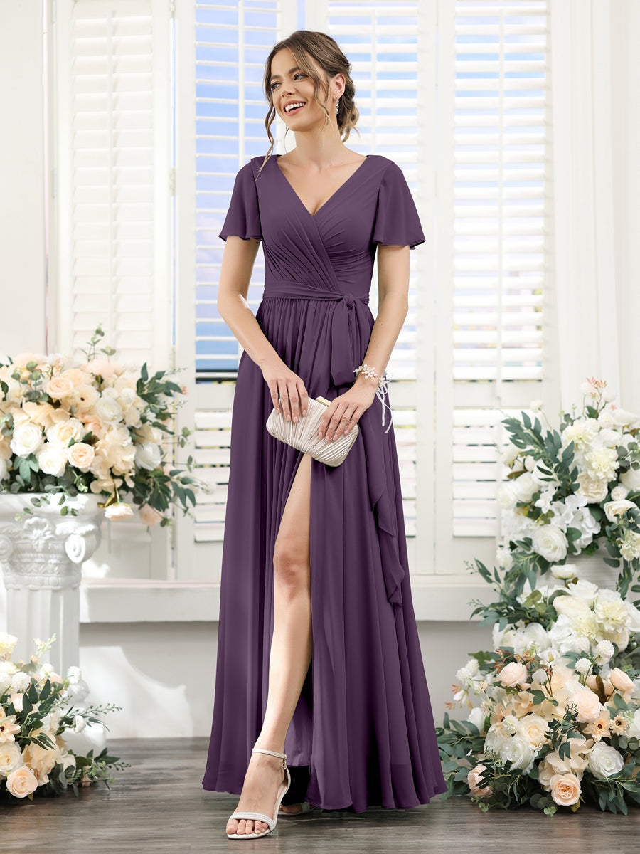 A-Line/Princess V-Neck Short Sleeves Floor-Length Chiffon Bridesmaid Dresses with Split Side & Ruched