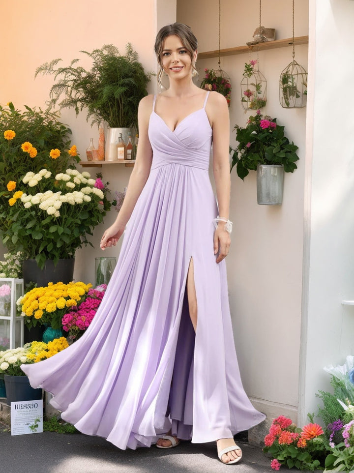 A-Line/Princess V-Neck Spaghetti Straps Sleeveless Floor-Length Chiffon Bridesmaid Dresses with Split Side