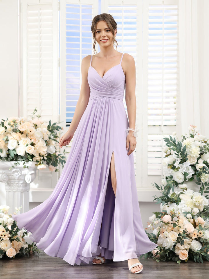 A-Line/Princess V-Neck Spaghetti Straps Sleeveless Floor-Length Chiffon Bridesmaid Dresses with Split Side