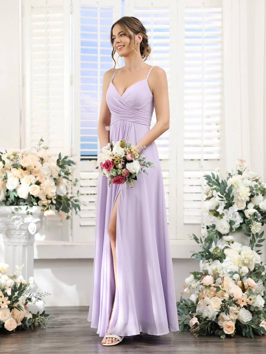 A-Line/Princess V-Neck Spaghetti Straps Sleeveless Floor-Length Chiffon Bridesmaid Dresses with Split Side